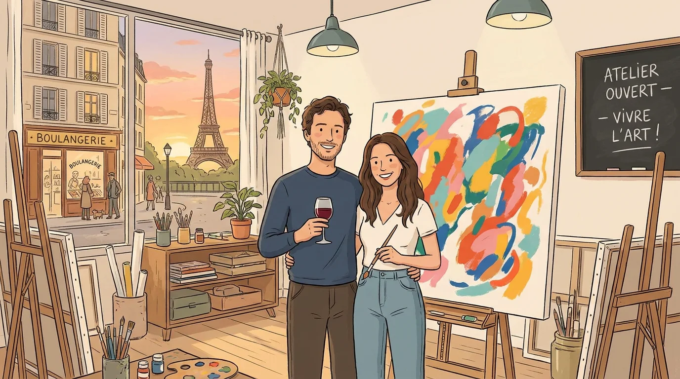 Couple européen lors d'un apéro peinture, activité insolite à Paris