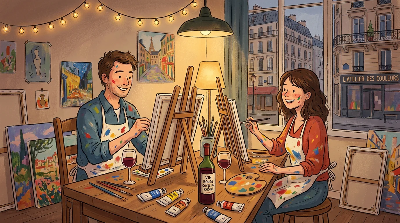 Illustration d'un couple en train de peindre lors d'un apéro peinture à Paris