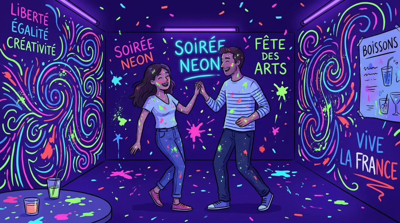 Illustration d'un couple dans un atelier immersif de peinture fluo dans le noir à Paris