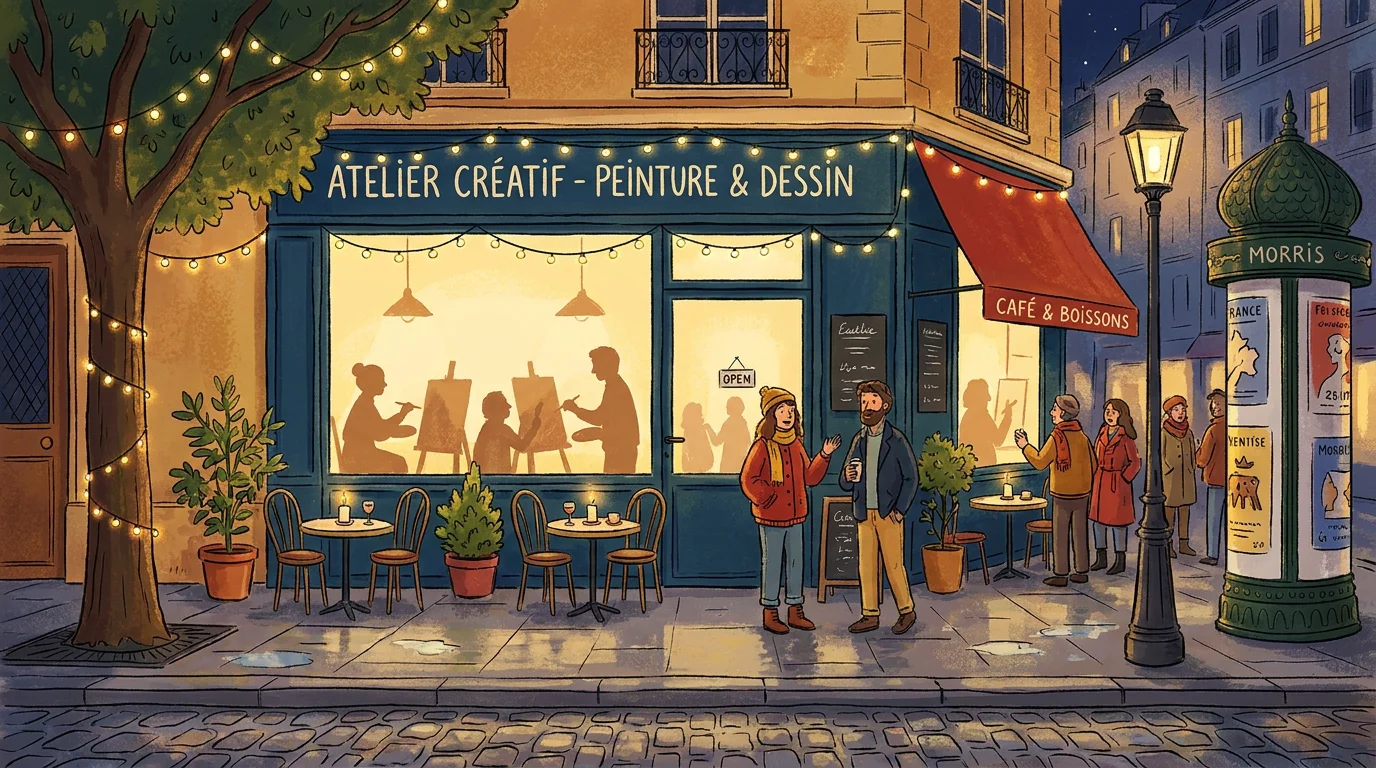 Illustration d'un atelier apéro peinture à Paris vu de l'extérieur en soirée