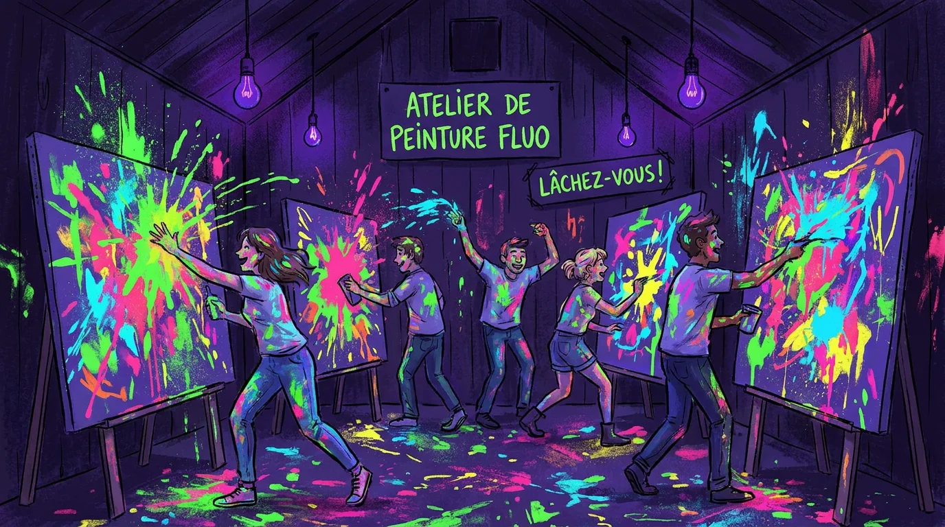 Illustration d'un atelier de peinture immersif sous lumières noires à Paris