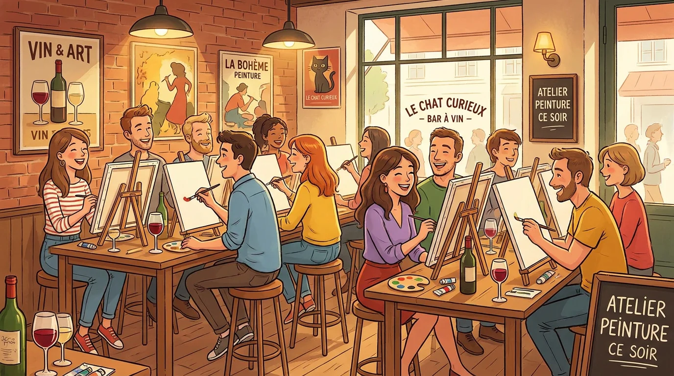 Illustration d'un atelier apéro peinture convivial dans un bar parisien