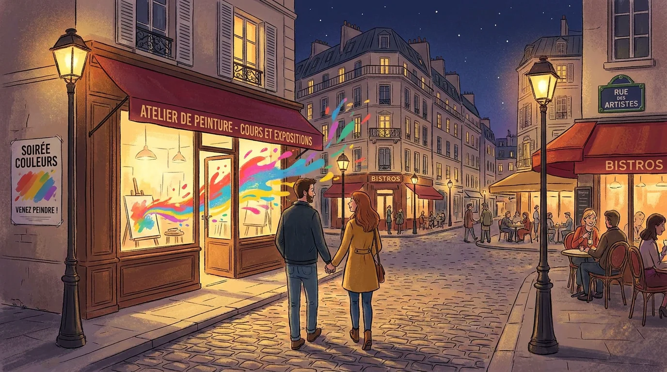 Couple européen se rendant à un atelier apéro peinture dans une rue parisienne le soir