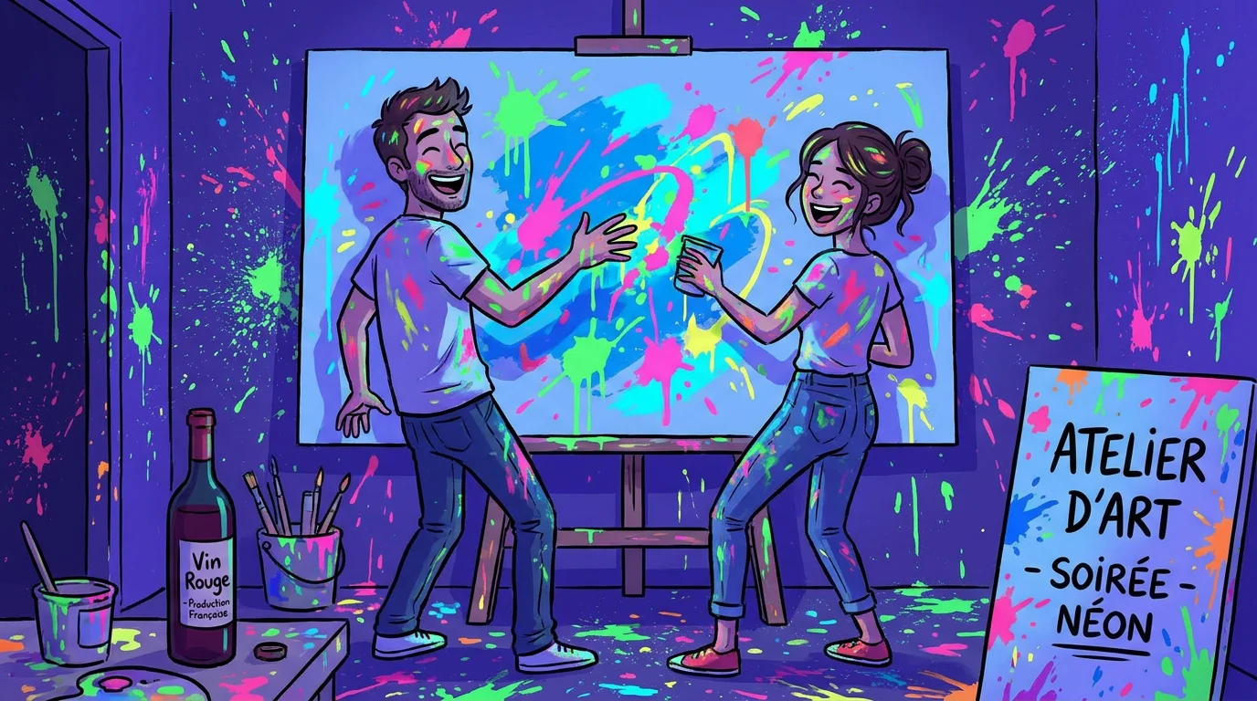 Couple européen s'amusant lors d'une session d'action painting fluorescent à Paris