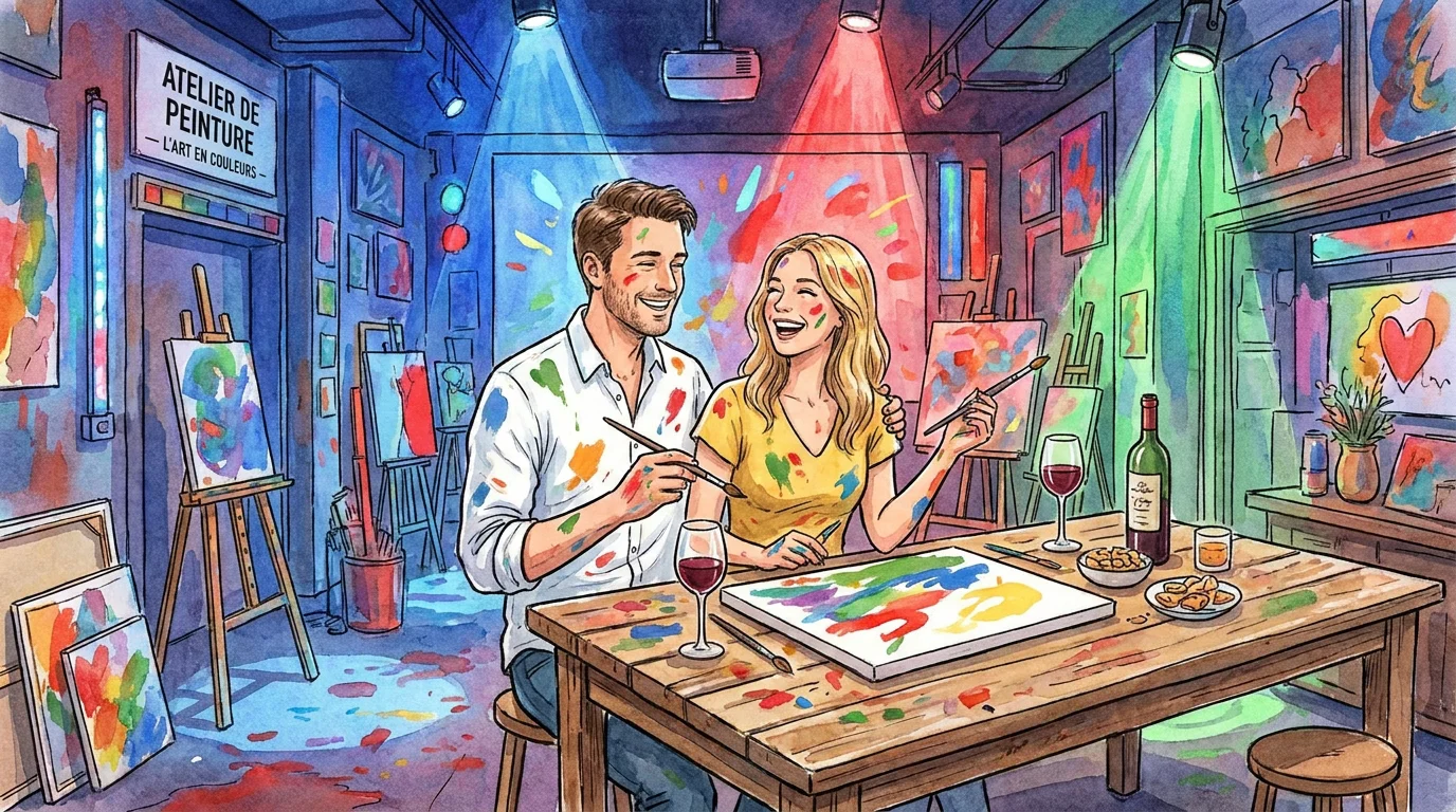 Couple européen lors d'un atelier apéro peinture immersif à Paris