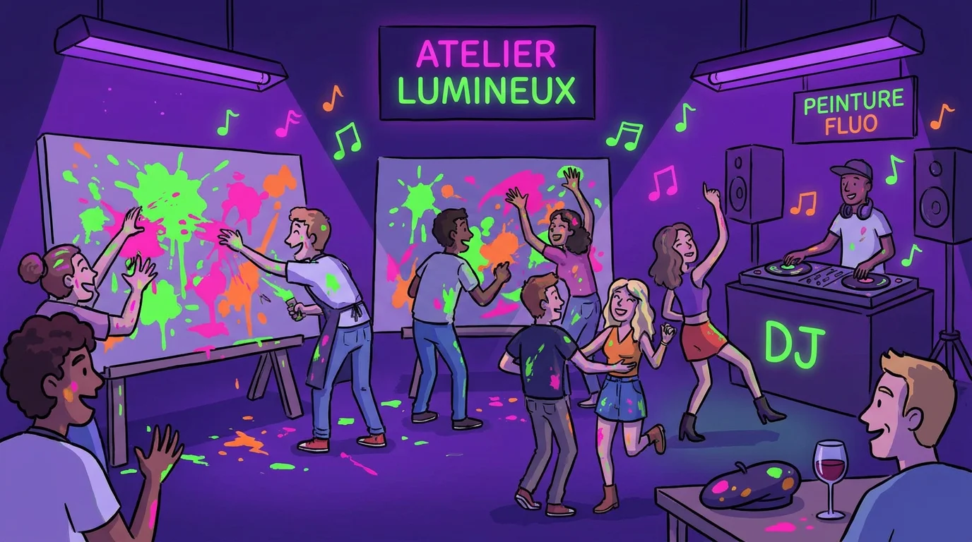 Illustration d'un atelier immersif de peinture fluorescente glow in the dark à Paris