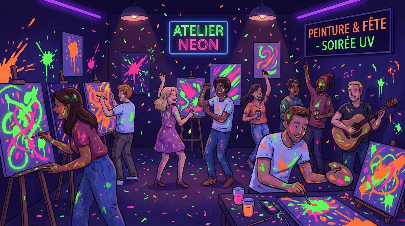 Illustration d'un atelier de peinture fluorescente sous lumière UV à Paris