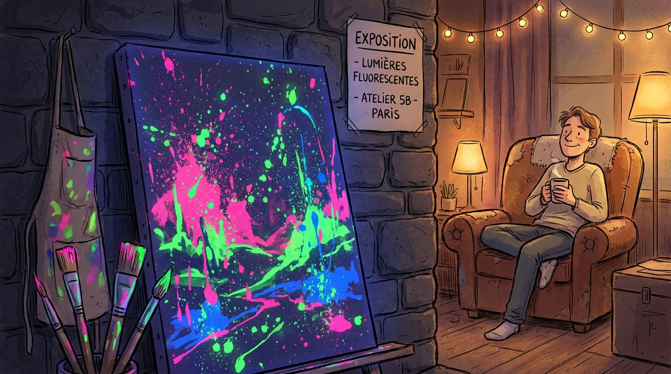 Illustration d'une toile fluorescente peinte sous lumière noire dans un atelier parisien