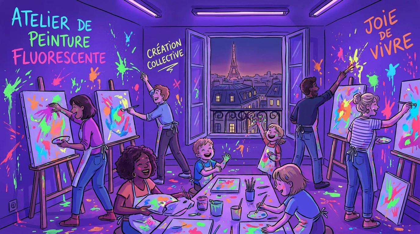 Illustration d'un atelier immersif de peinture à Paris avec des participants enthousiastes