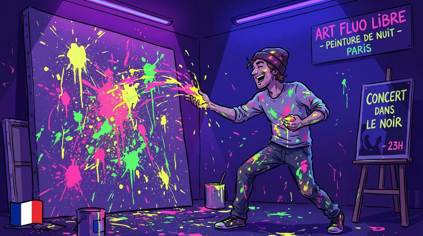 Illustration d'une session d'action painting fluorescent sous lumière noire à Paris