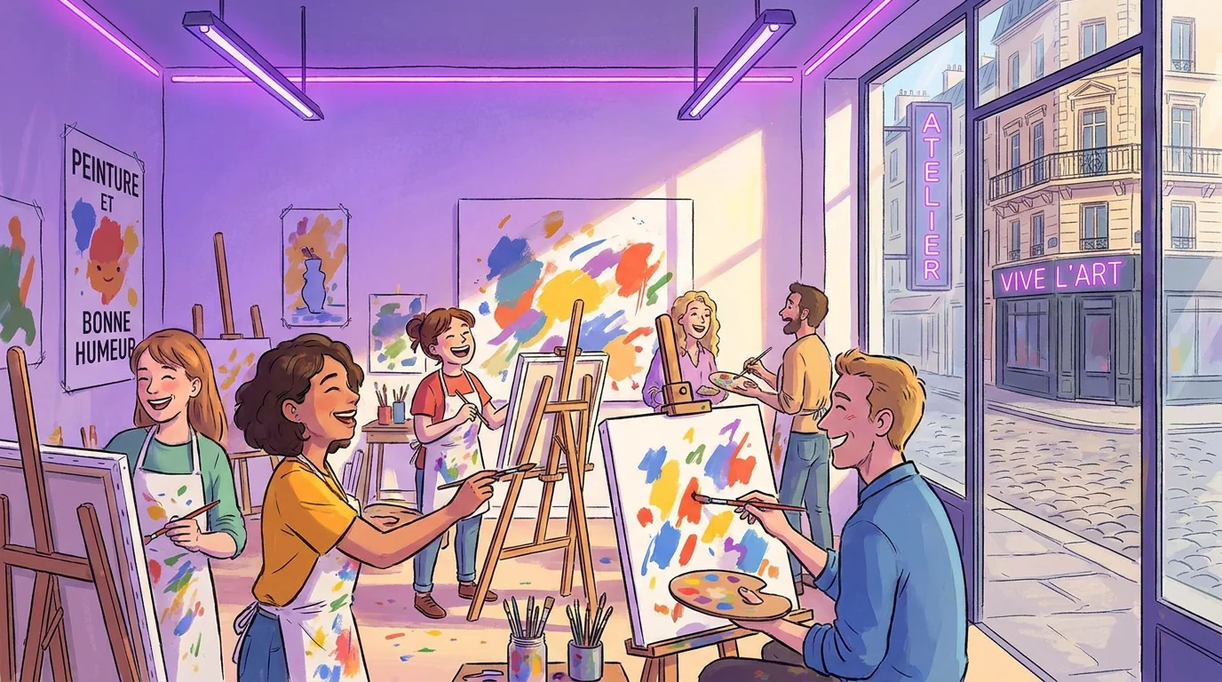 Illustration d'un atelier de peinture immersif à Paris avec un groupe d'amis européens