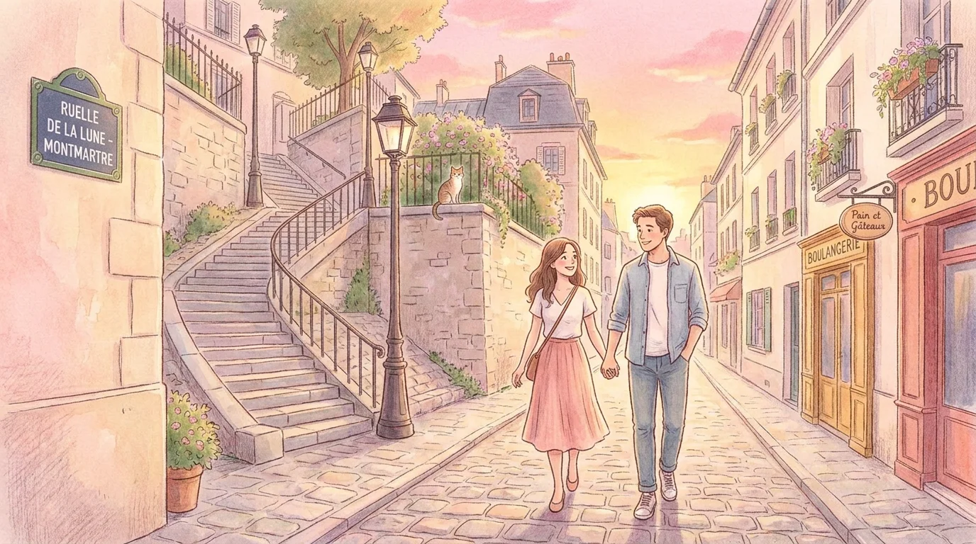 Couple se promenant dans les rues romantiques de Montmartre à Paris