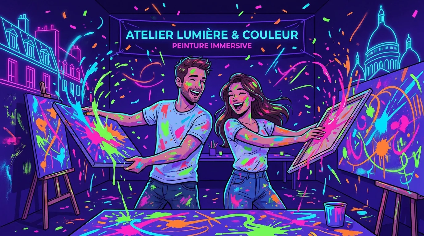 Couple participant à un atelier de peinture immersif sous lumières noires à Paris