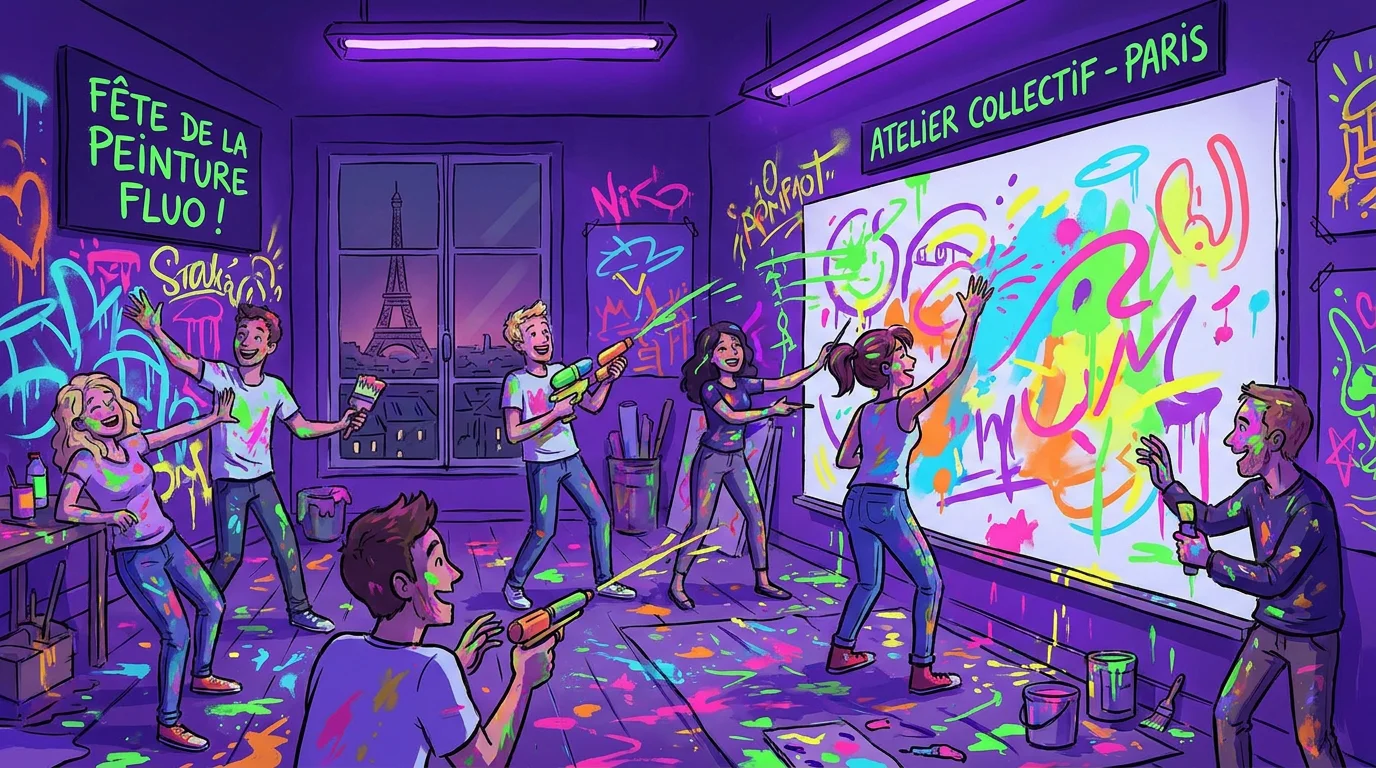 Illustration d'un atelier immersif de peinture fluorescente à Paris