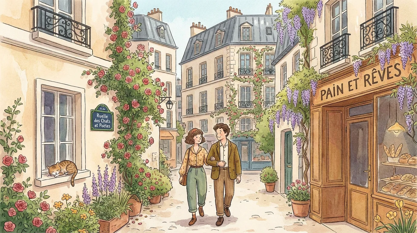 Illustration d'un couple découvrant une ruelle secrète et fleurie de Paris