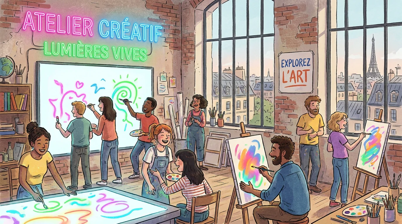 Illustration d'un groupe d'amis dans un atelier immersif à Paris