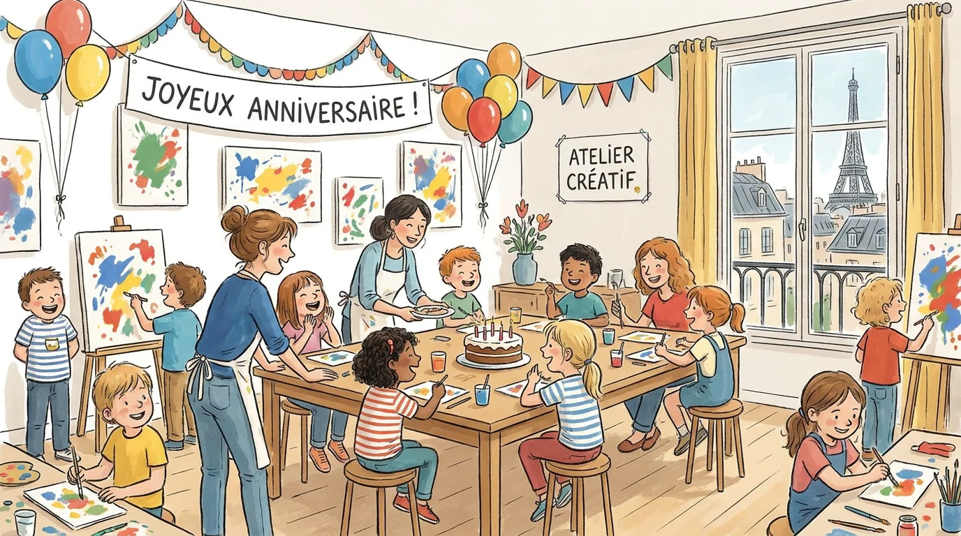 Illustration festive d'un anniversaire en atelier créatif avec peinture et ballons à Paris