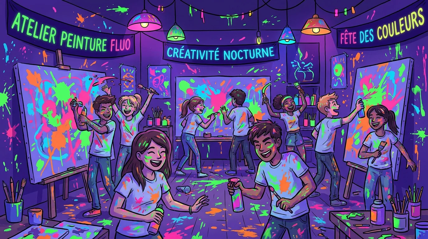 Illustration d'un atelier de peinture fluorescente sous lumière noire pour un anniversaire immersif