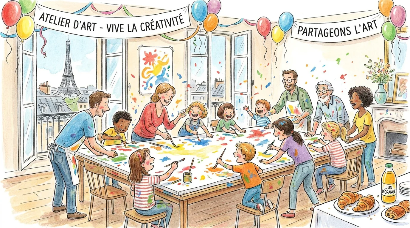 Illustration d'un groupe festif peignant ensemble dans un atelier créatif à Paris