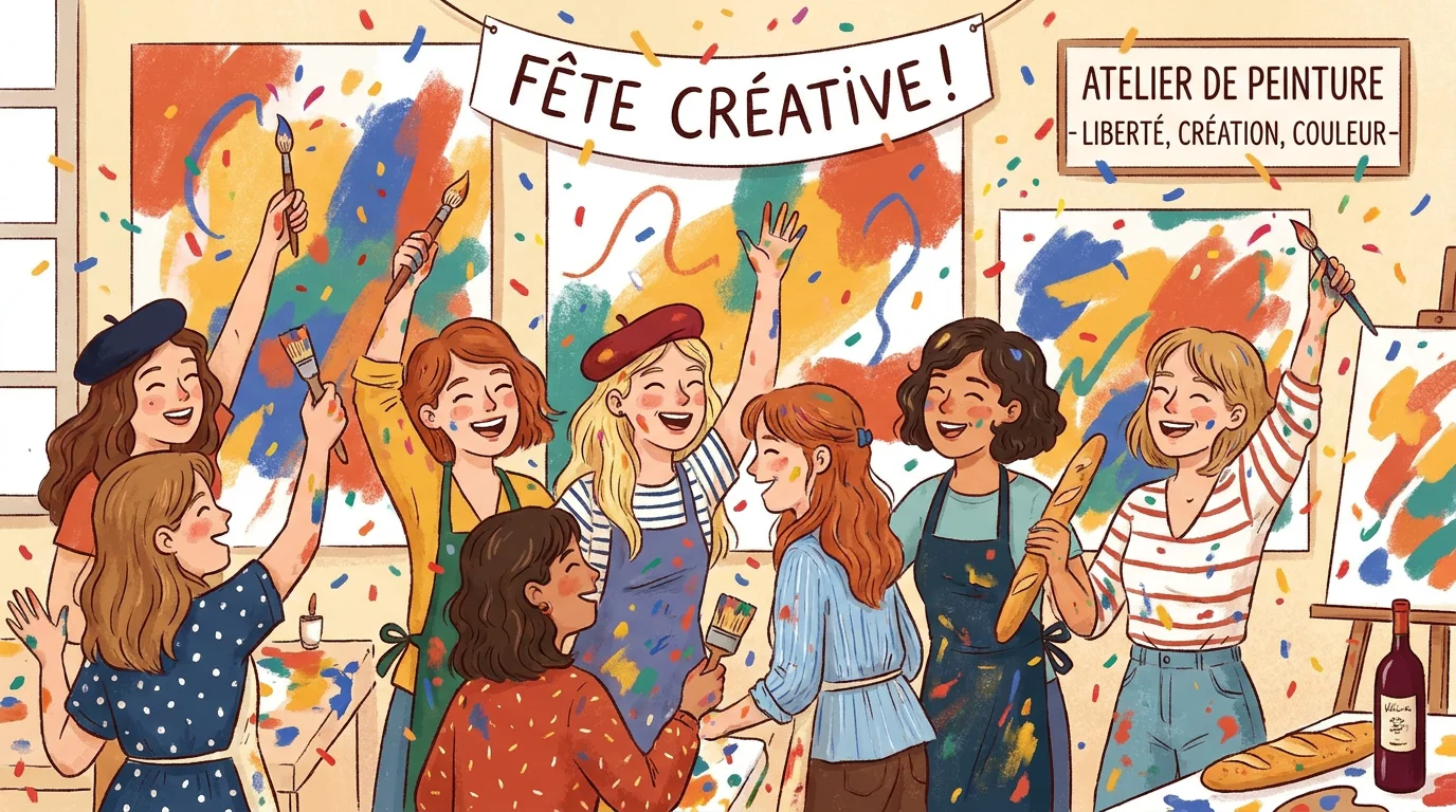 Groupe d'amies célébrant un EVJF créatif autour de toiles de peinture colorées