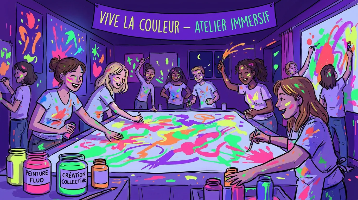 Atelier immersif de peinture sous lumière noire pour un EVJF entre amies