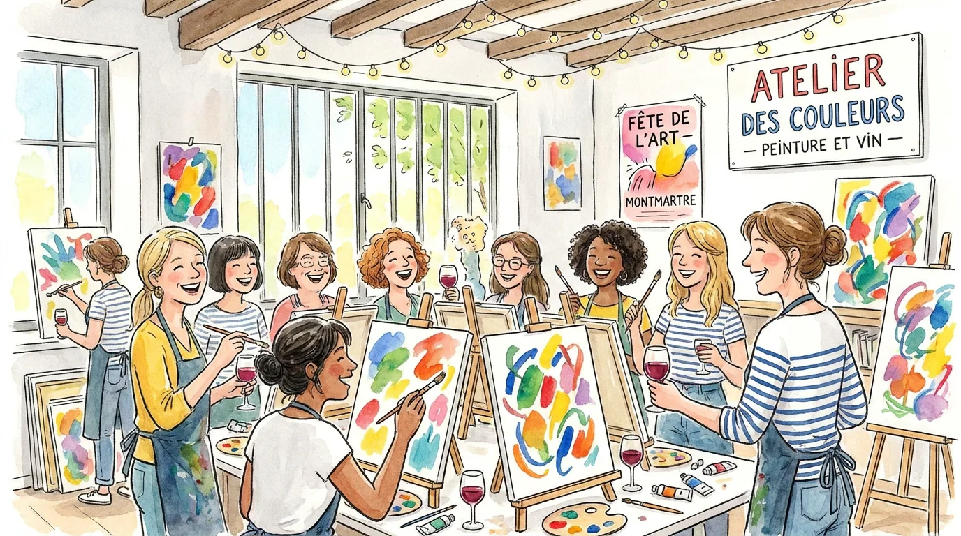 Groupe d'amies peignant ensemble lors d'un EVJF créatif à Paris