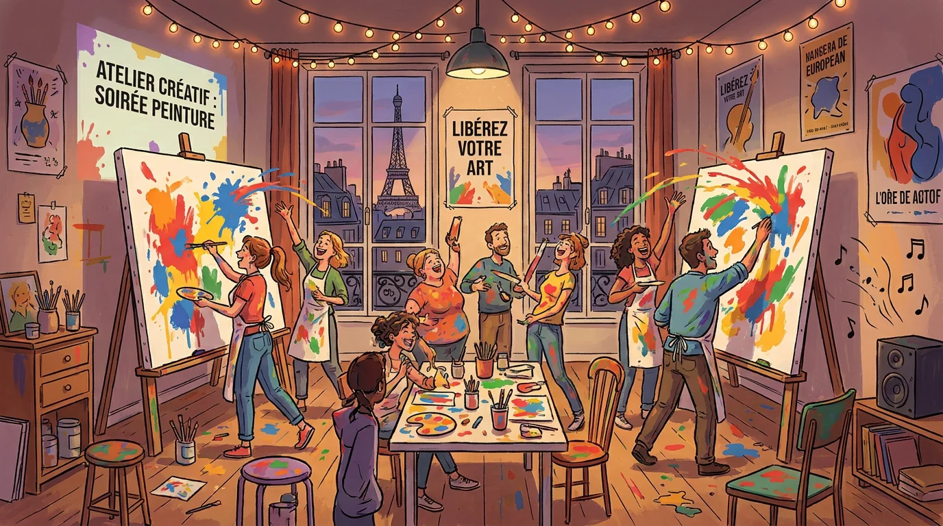 Illustration d'un atelier de team building créatif immersif à Paris avec des participants enthousiastes