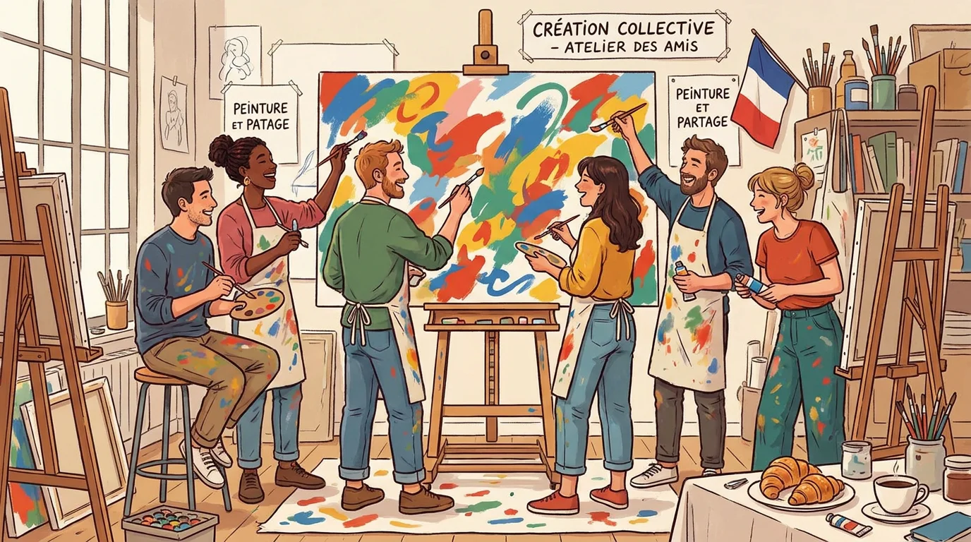 Illustration d'un groupe de collaborateurs participant à un atelier de peinture créatif en équipe