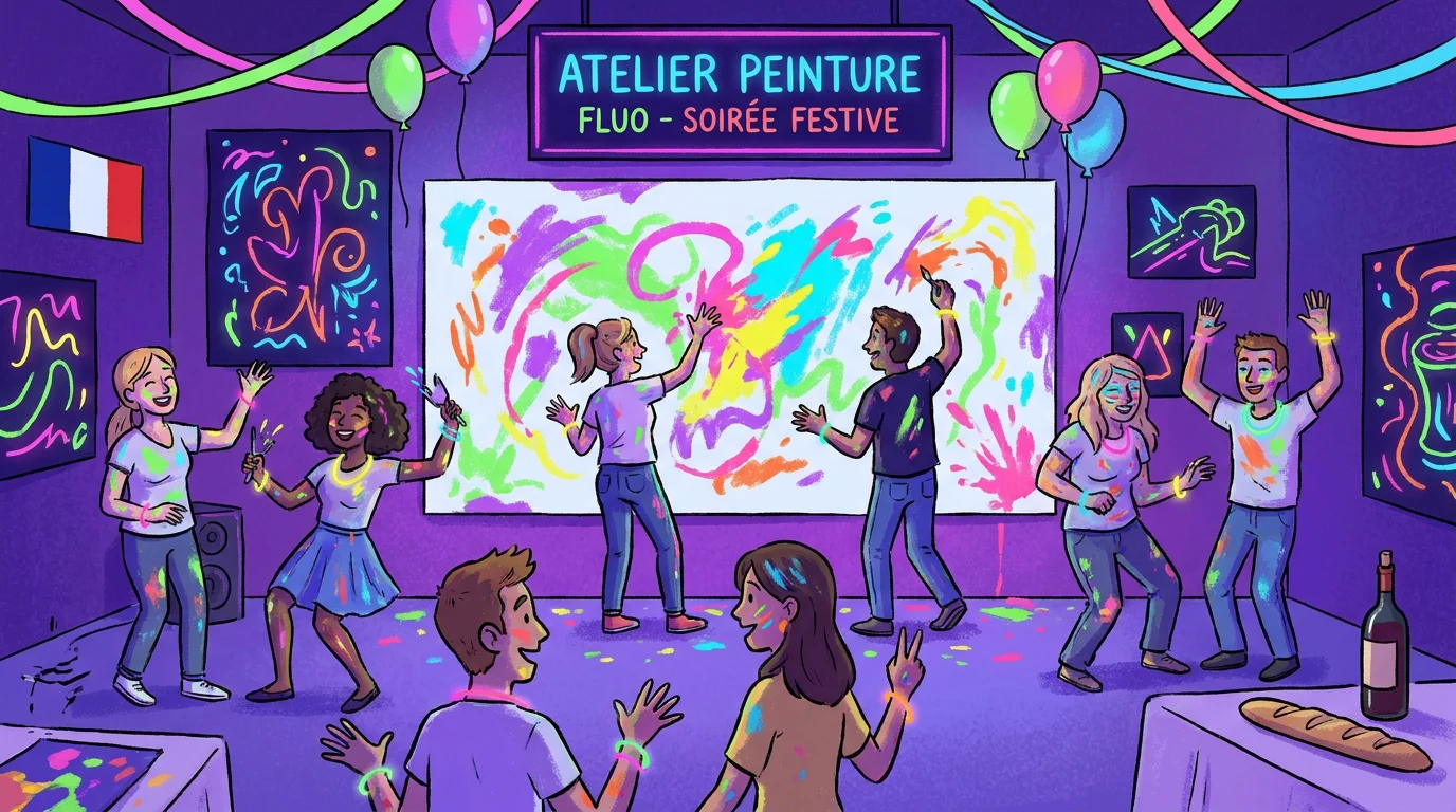 Illustration d'un atelier immersif d'action painting sous lumières noires à Paris