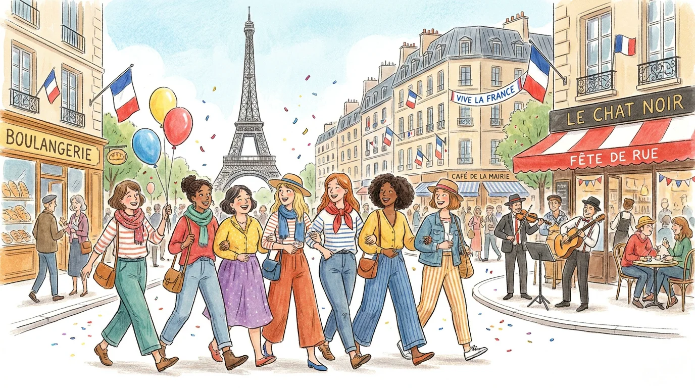Groupe de copines célébrant un EVJF dans les rues de Paris avec la Tour Eiffel en fond