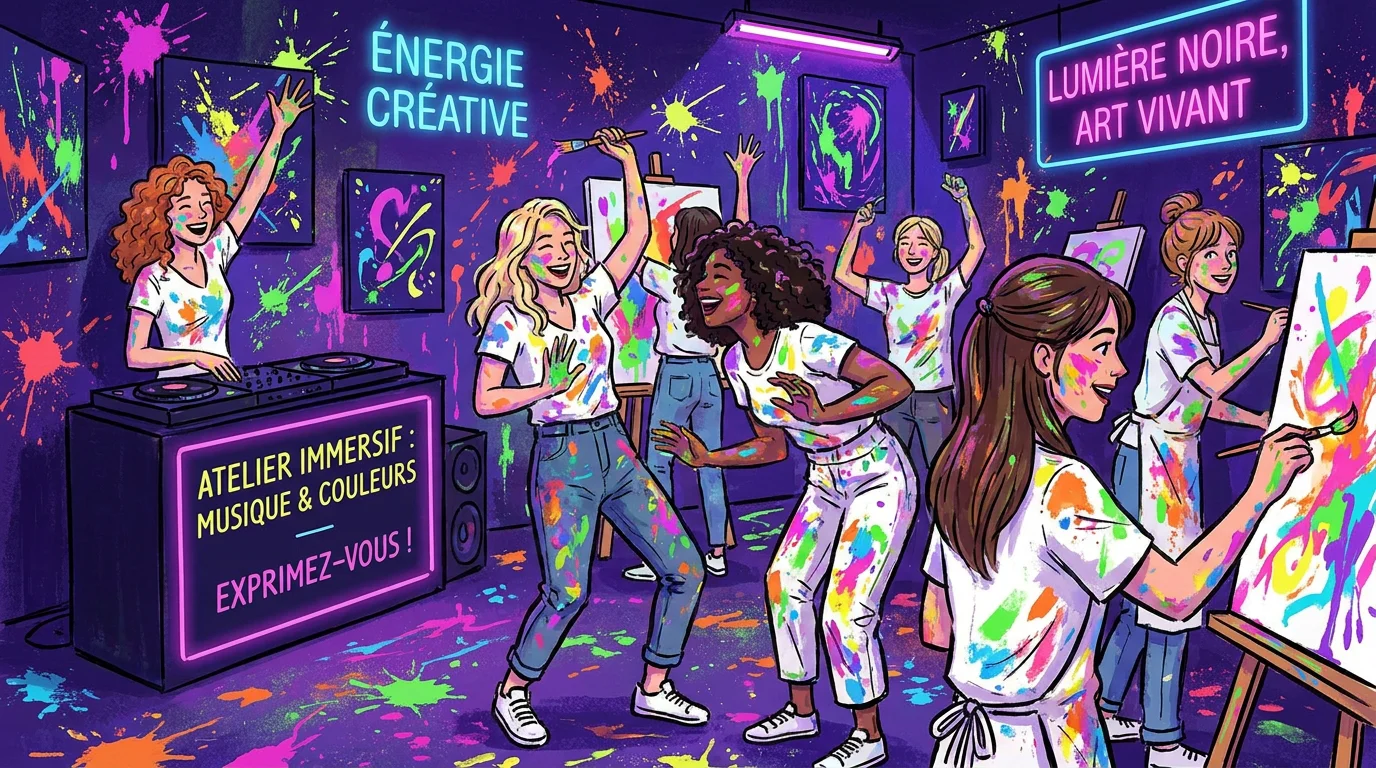 Groupe de femmes participant à un atelier de peinture immersif lors d'un EVJF à Paris