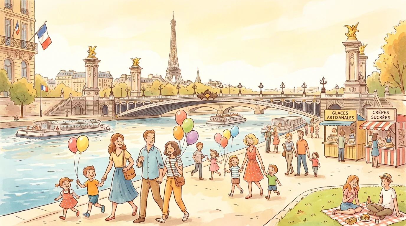 Familles se promenant en bord de Seine à Paris avec monuments en arrière-plan