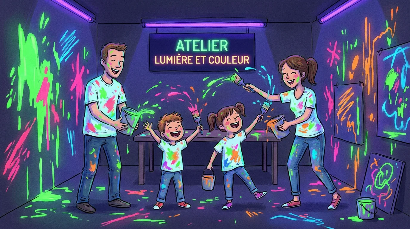 Famille participant à un atelier de peinture immersif sous lumières noires à Paris