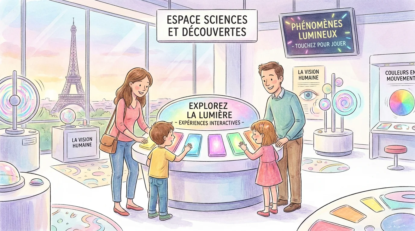 Famille visitant un musée interactif à Paris avec des enfants qui explorent des installations ludiques