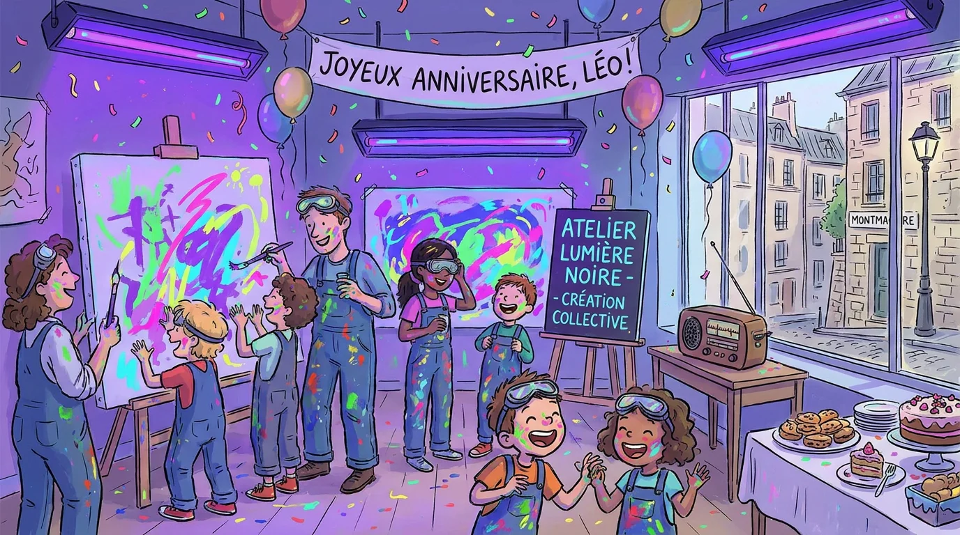 Illustration d'une fête d'anniversaire créative dans un atelier artistique parisien avec peinture et lumières noires