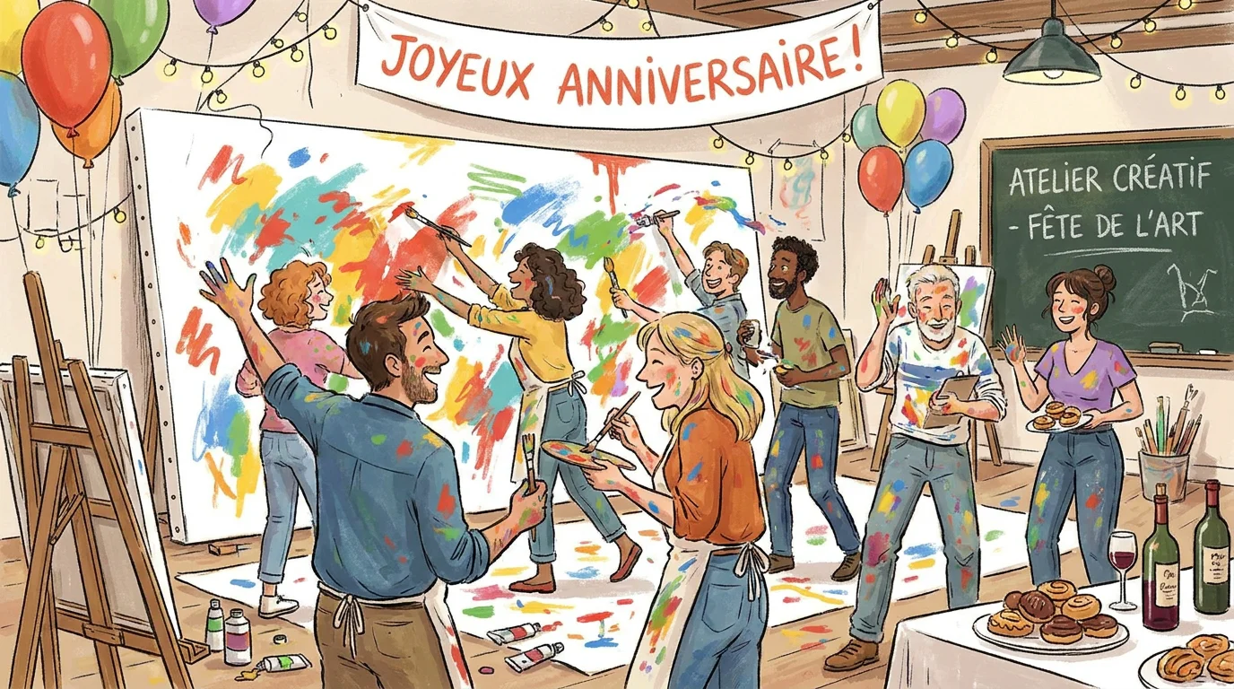 Illustration d'adultes célébrant un anniversaire créatif avec de la peinture dans un atelier parisien