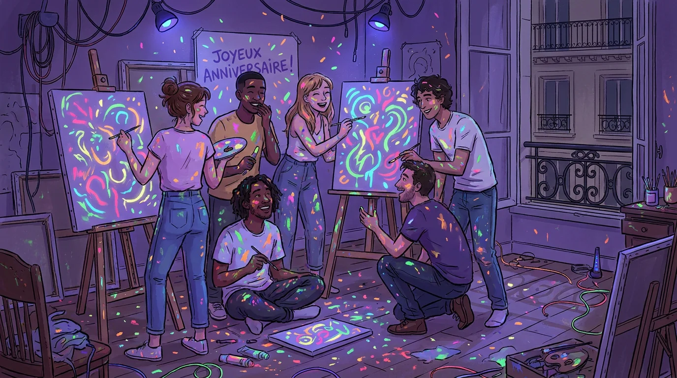 Illustration d'un groupe d'amis célébrant un anniversaire créatif dans un atelier artistique à Paris