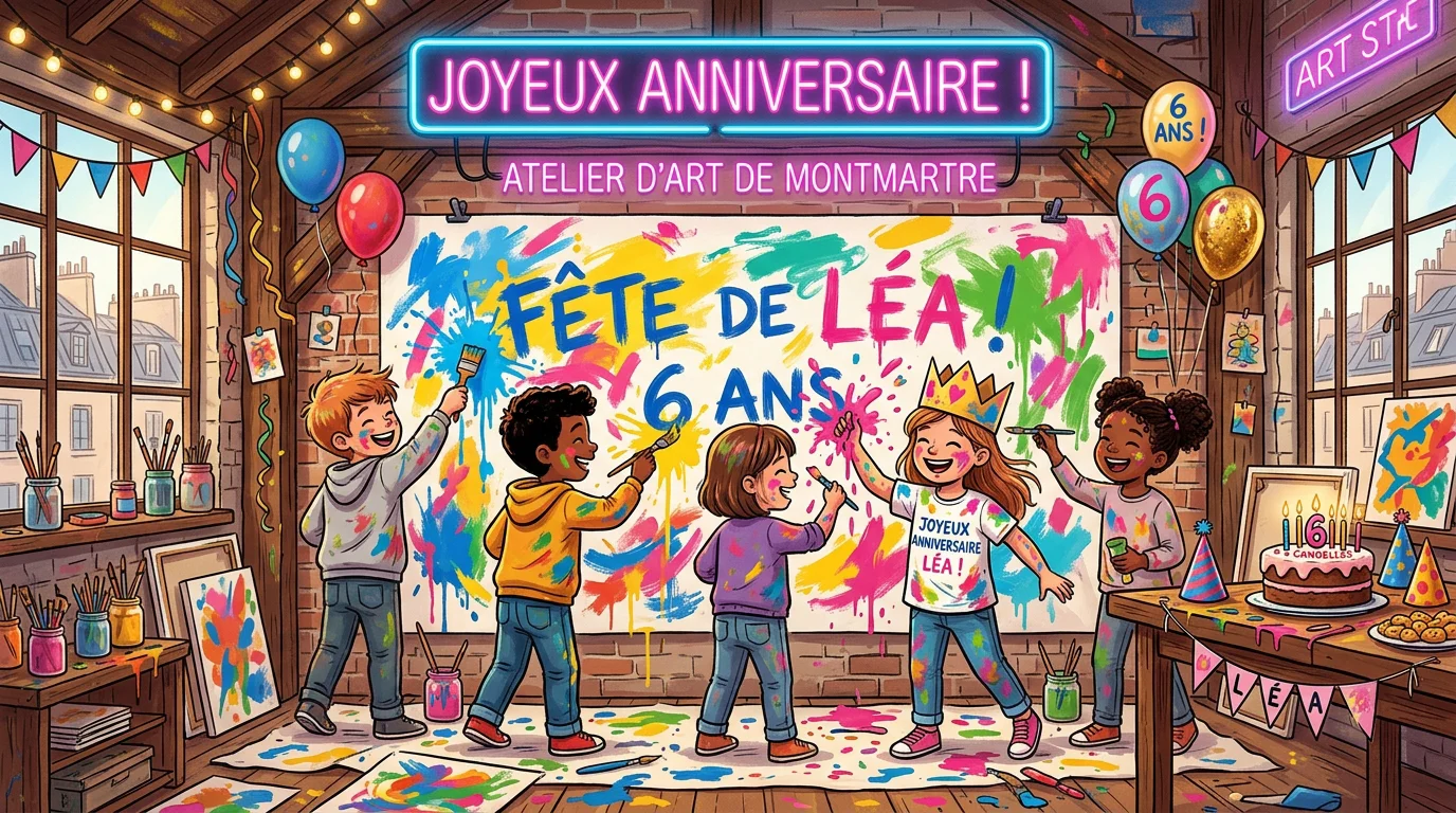 Illustration d'enfants européens fêtant un anniversaire dans un atelier de peinture immersif à Paris