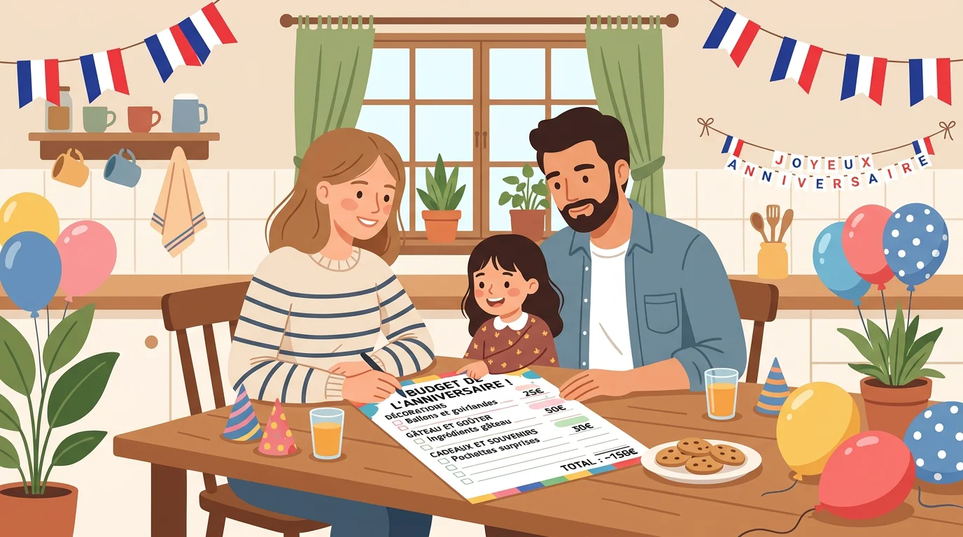 Illustration de parents européens préparant le budget d'un anniversaire enfant