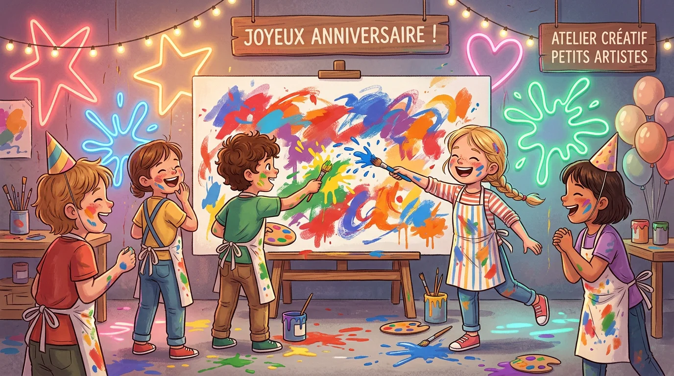 Illustration d'enfants européens lors d'un atelier de peinture immersif pour un anniversaire