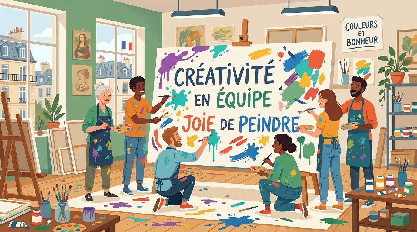 Équipe d'entreprise européenne peignant ensemble lors d'un team building peinture à Paris