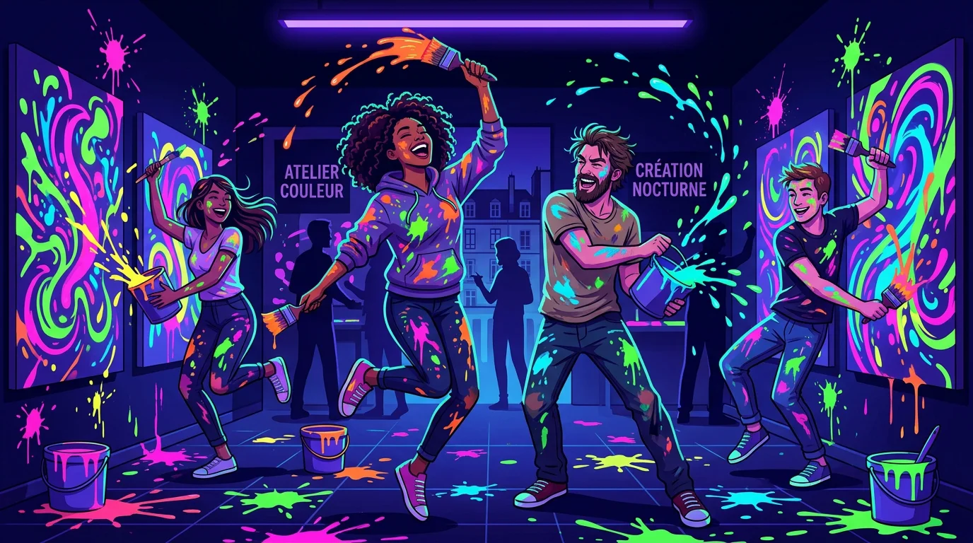 Adultes pratiquant l'action painting sous lumière noire avec peinture fluorescente