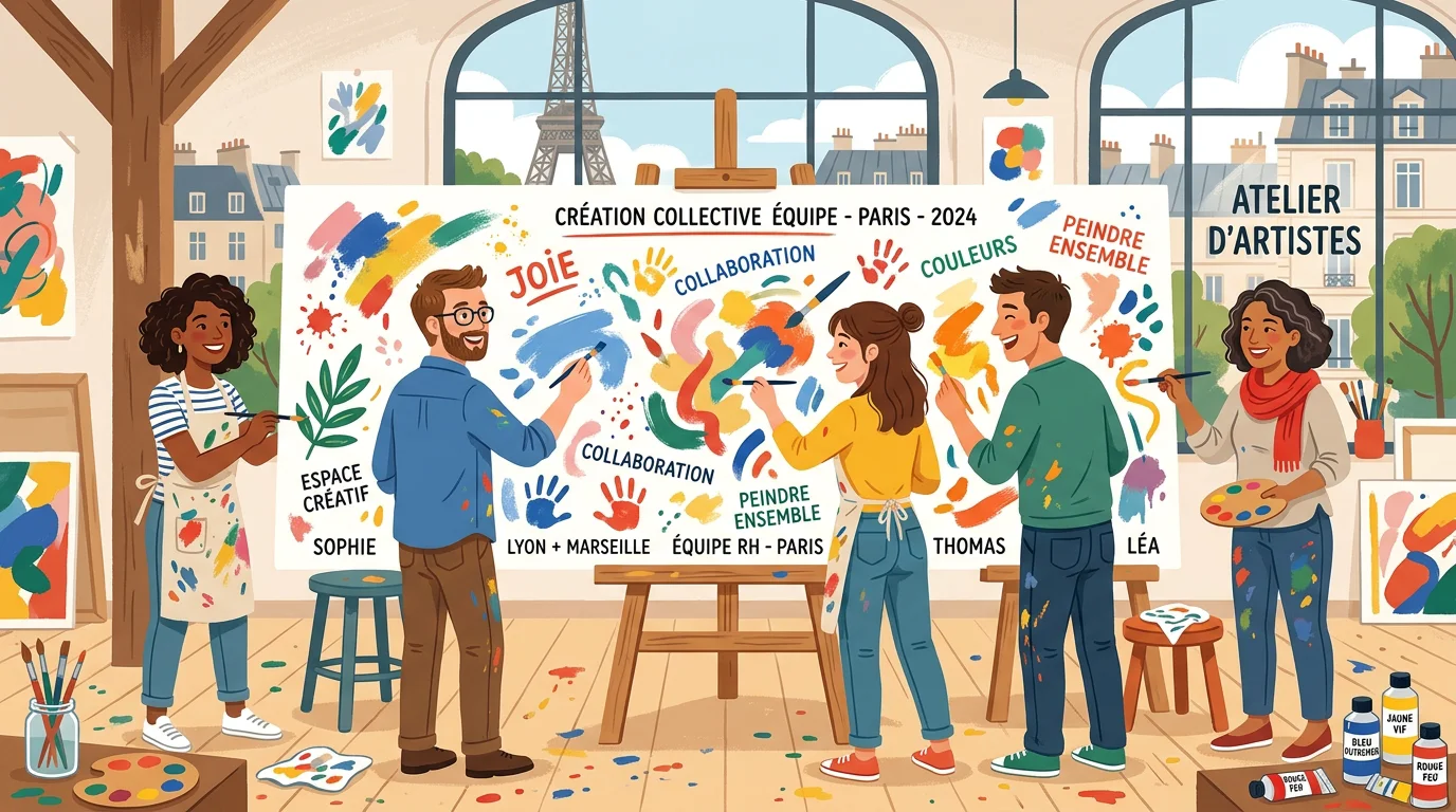 Collègues européens peignant ensemble sur une toile collective dans un atelier parisien