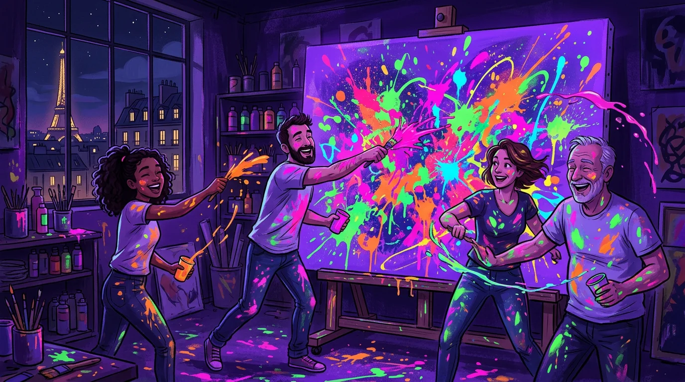 Atelier de peinture immersif et fluorescent à Paris avec un groupe créant sous lumière noire