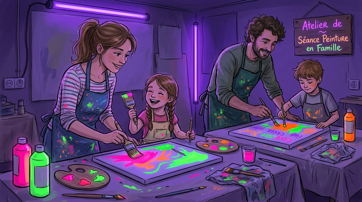 Famille peignant sous lumière noire dans un atelier immersif parisien