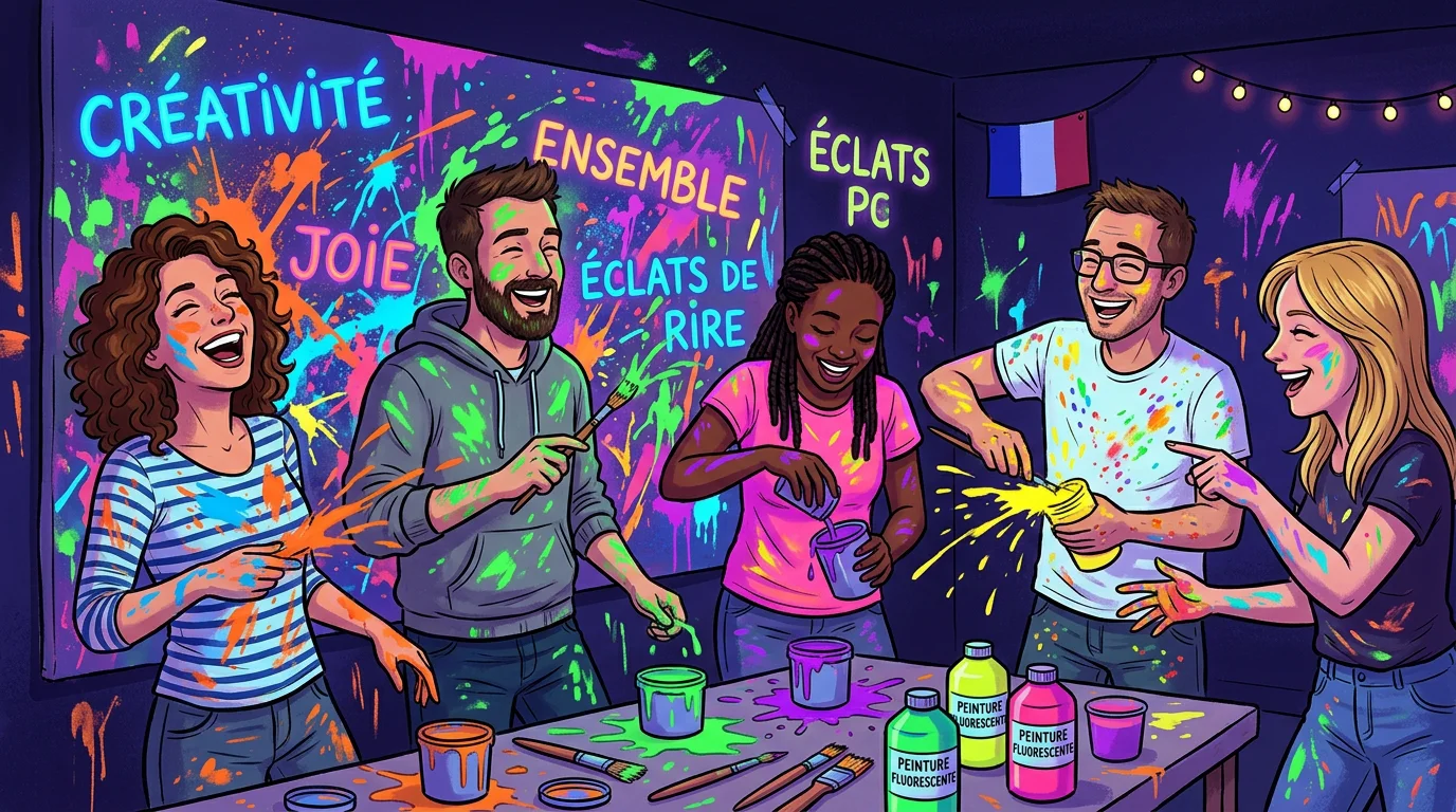Groupe d'amis projetant de la peinture fluorescente lors d'un atelier immersif à Paris