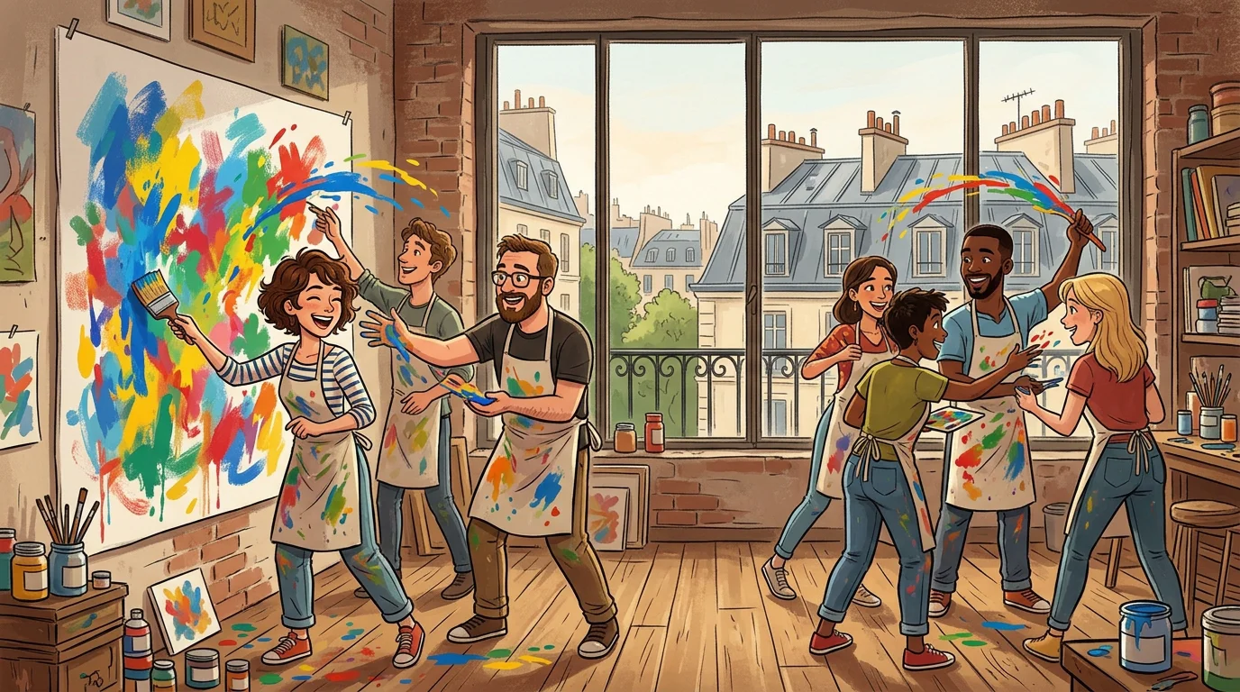 Illustration d'un atelier d'artiste immersif à Paris avec un groupe qui peint ensemble