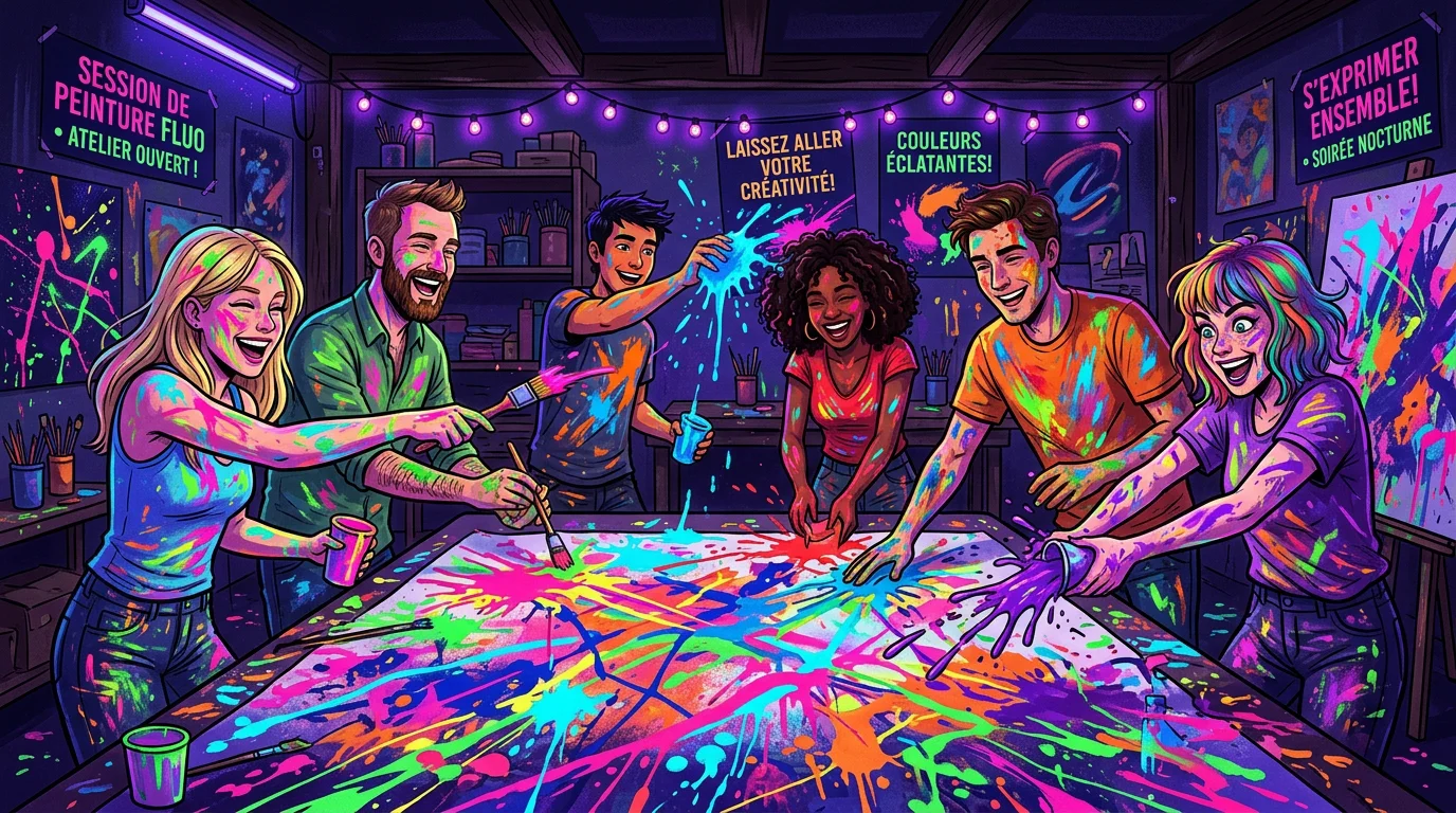 Illustration d'un atelier de peinture immersive sous lumière noire avec un groupe d'amis