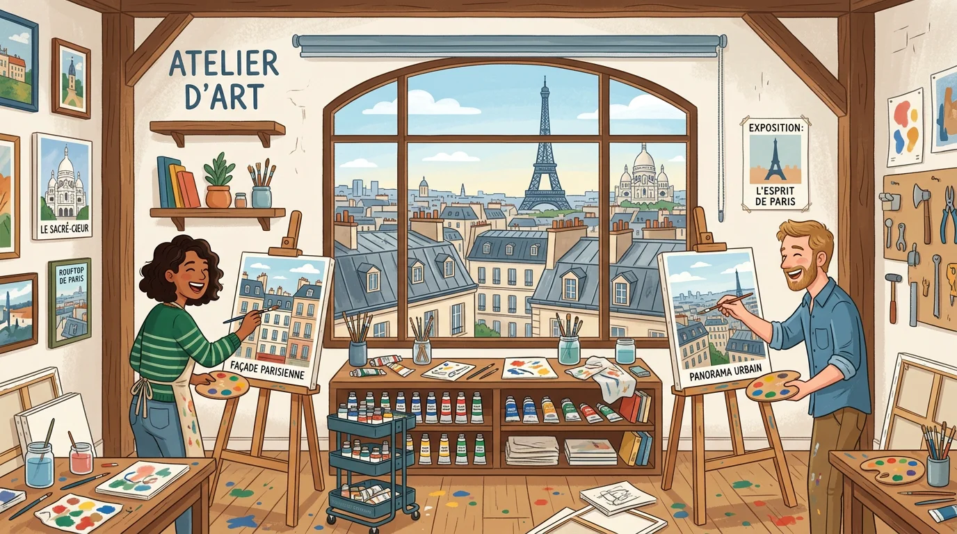 Illustration d'un atelier d'artiste lumineux à Paris avec deux personnes qui peignent