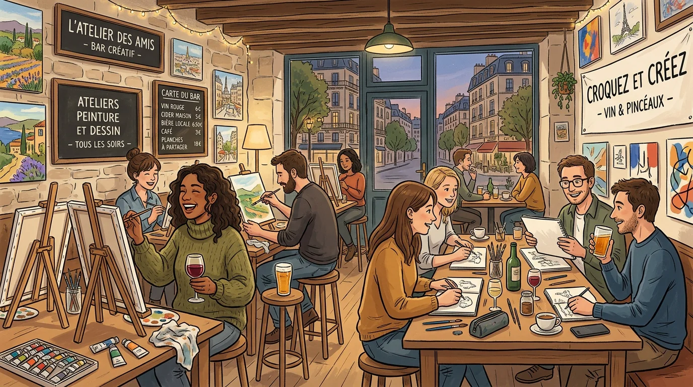 Ambiance conviviale d'un bar à dessin parisien avec chevalets et boissons